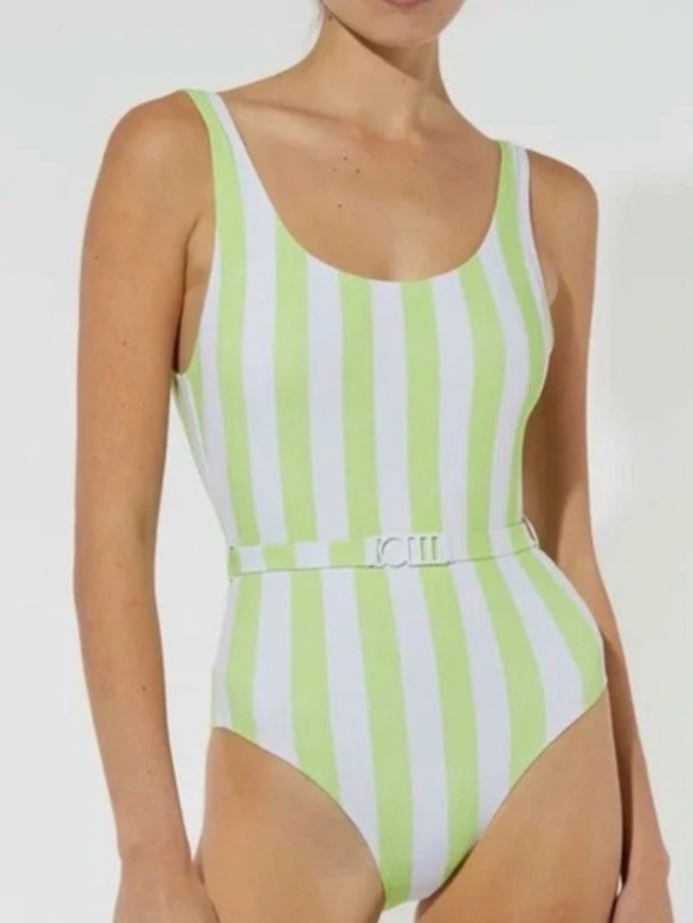 Solid & Striped One Piece Bathing Suite - Anne-Marie Belt Pistachio Stripe
